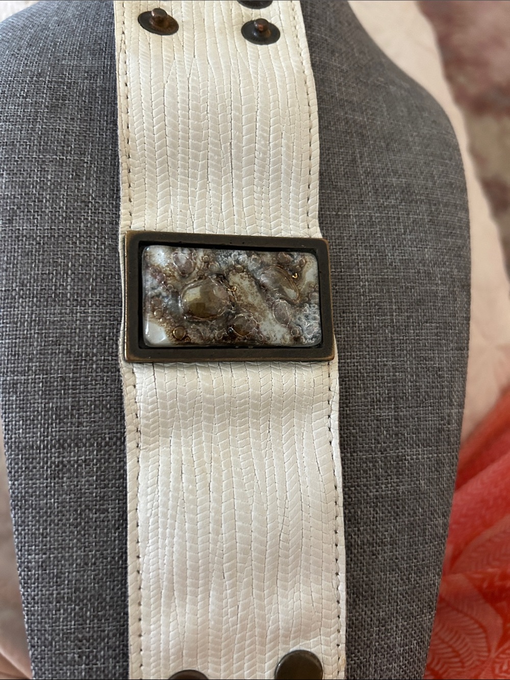 White Textured Leather and glass bracelet buckle. Argentina Vintage.